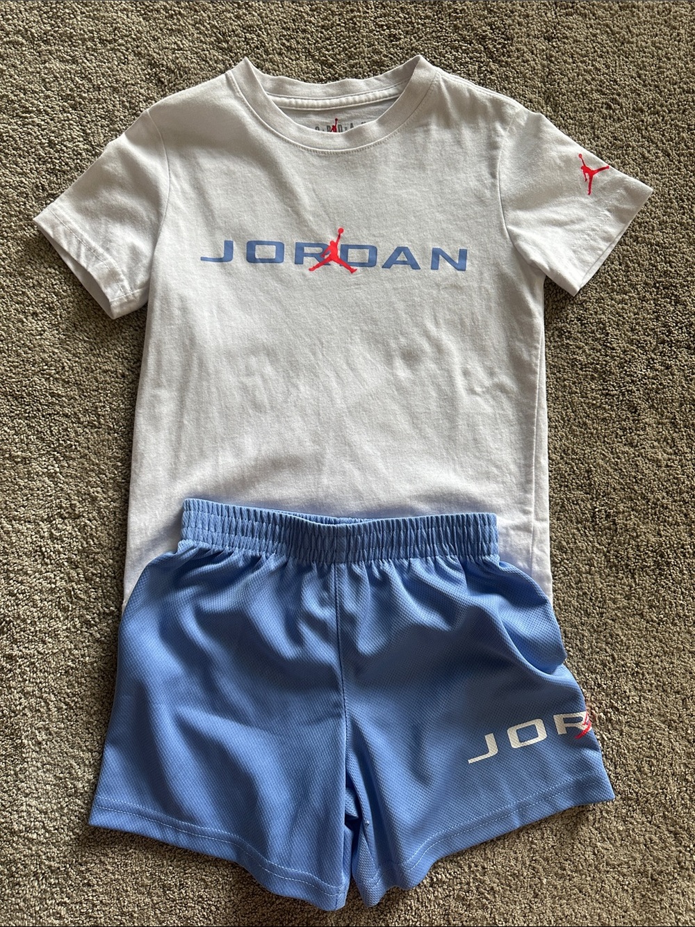 Jordan White Tee with Light Blue and Neon Logo & Light Blue Shorts